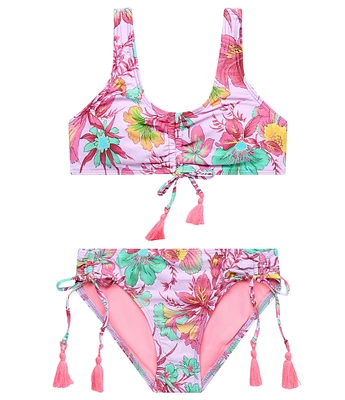 Beach Lingo Big Girls Allover Floral Bralette & Hipster Pink Tassel Trim 2-Piece Swimsuit