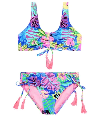 Beach Lingo Big Girls Allover Palm Print Tassel Tri Hips And Bodice 2-Piece Swimsuit