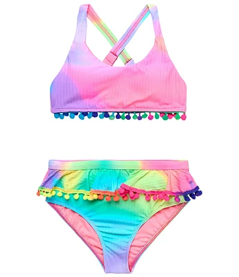 Beach Lingo Big Girls Color Blur Print Bralette Top & High Waist Pom Pom Ruffle Trim Bottom 2-Piece Swimsuit