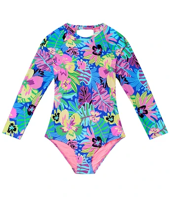 Beach Lingo Big Girls Long Sleeve Raglan Palm Print One-Piece Swimsuit