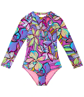 Beach Lingo Big Girls Long Sleeve Reglan Printed One-Piece Swimsuit
