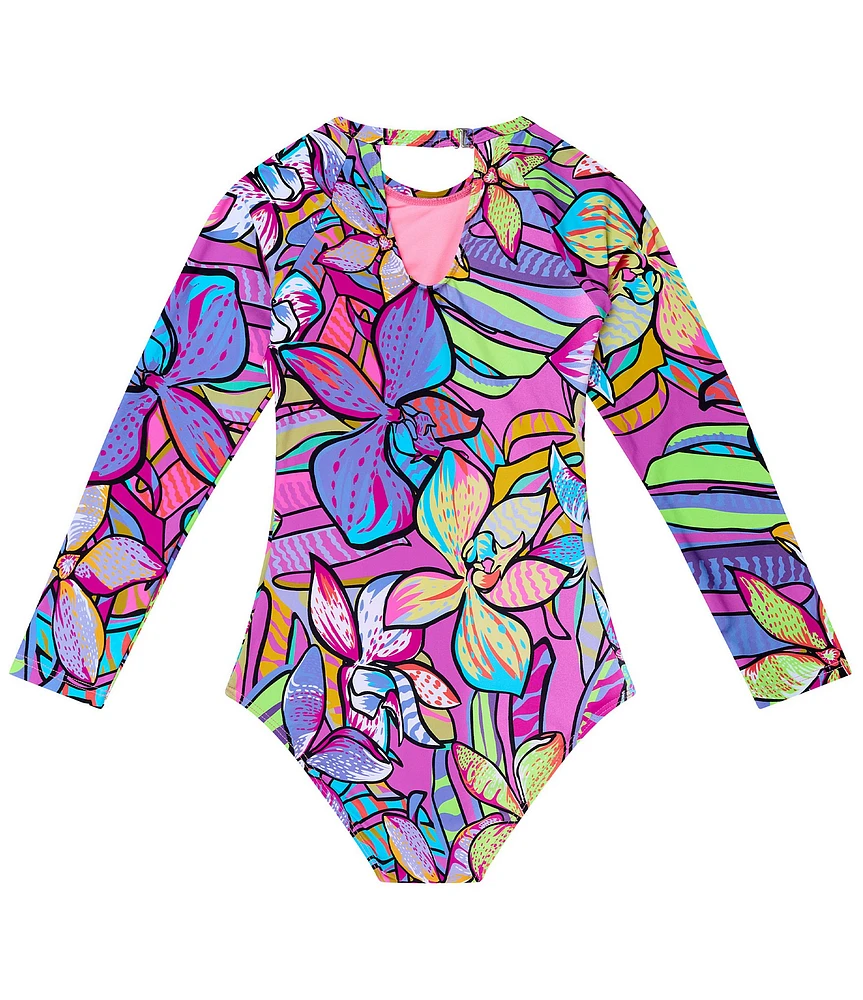 Beach Lingo Big Girls Long Sleeve Reglan Printed One-Piece Swimsuit