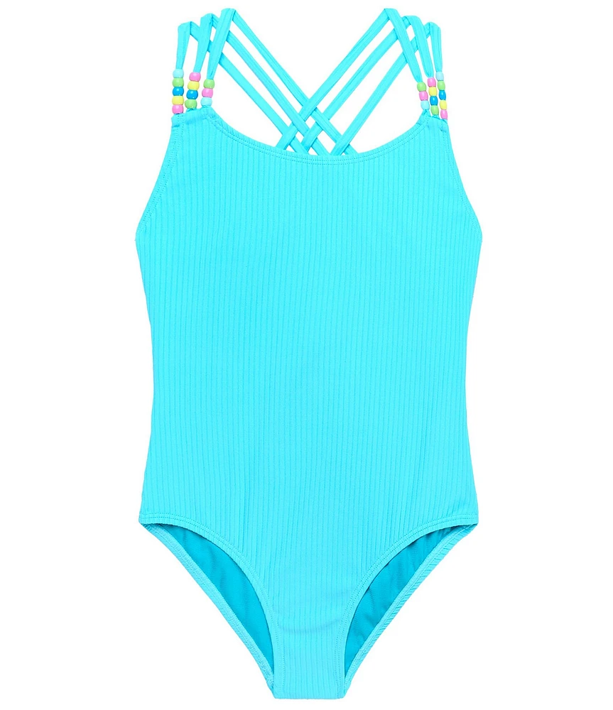 Beach Lingo Big Girls Sleeveless Pony Bead Strap Accent One-Piece Tank Swimsuit