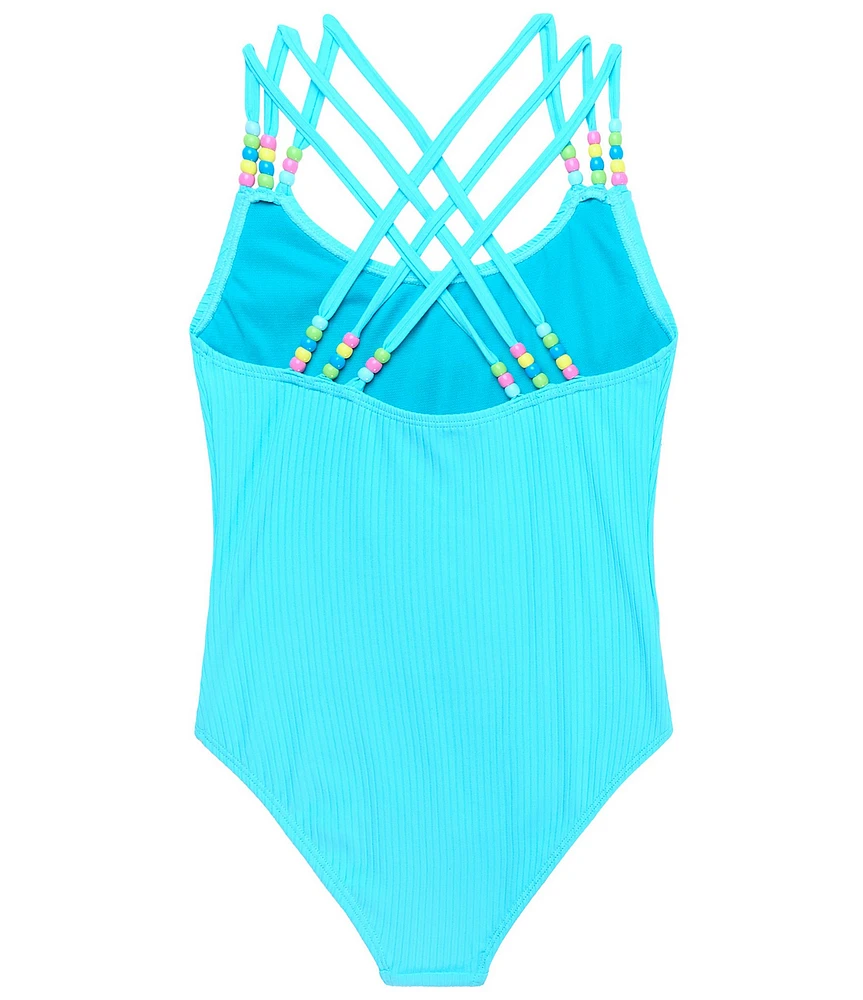 Beach Lingo Big Girls Sleeveless Pony Bead Strap Accent One-Piece Tank Swimsuit