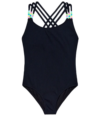 Beach Lingo Big Girls Sleeveless Pony Bead Strap Accent One-Piece Tank Swimsuit