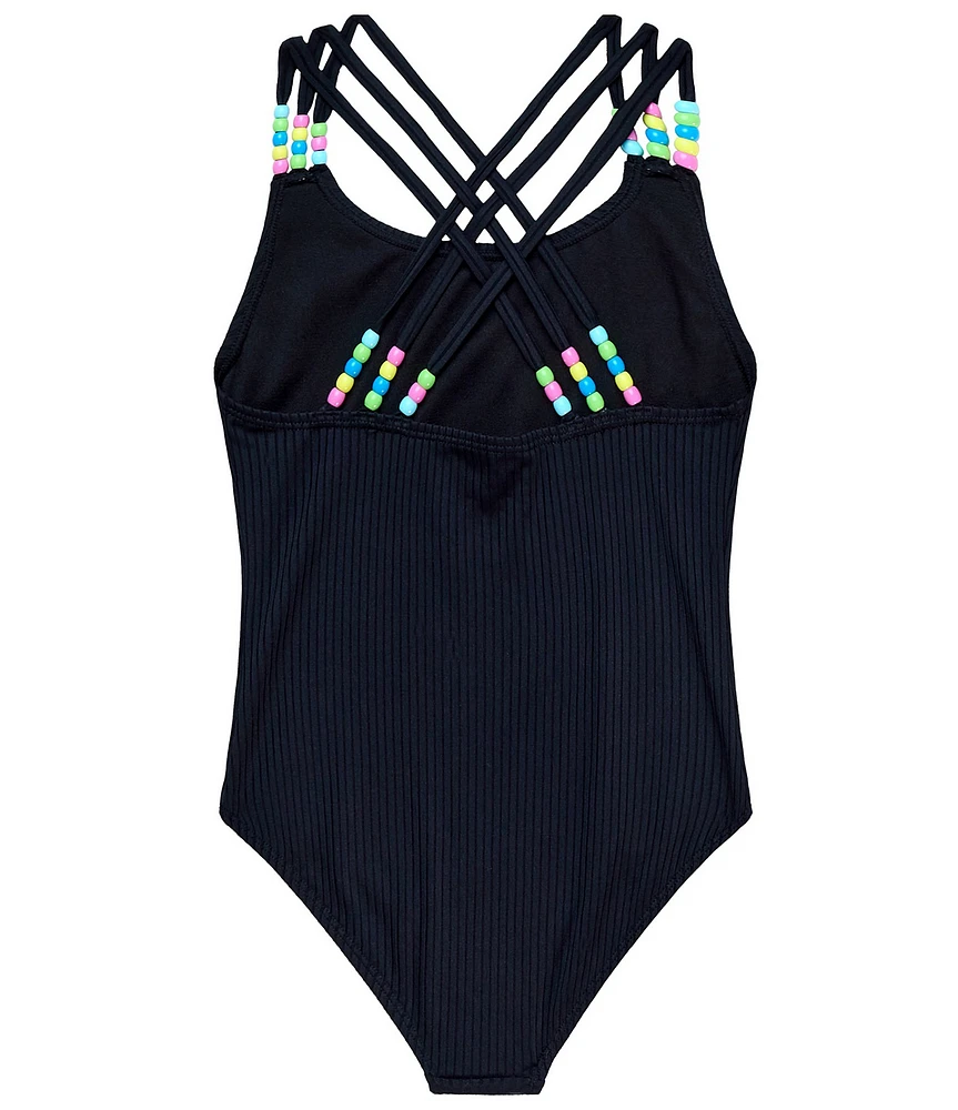 Beach Lingo Big Girls Sleeveless Pony Bead Strap Accent One-Piece Tank Swimsuit