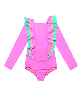 Beach Lingo Little Girls Long Sleeve Colorblock Ruffle Detail One-Piece Swimsuit