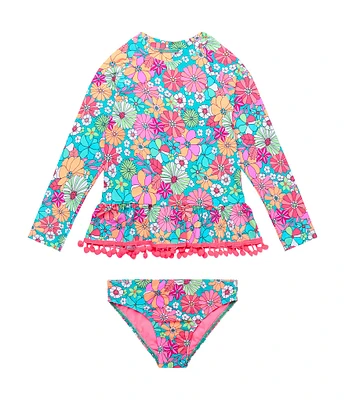 Beach Lingo Little Girls Long Sleeve Crewneck Raglan Top & Hipster 2-Piece Swimsuit