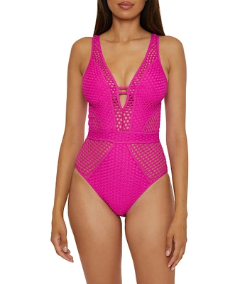 Becca By Rebecca Virtue Castaway Fishnet Texture Plunge Neck One Piece Swimsuit