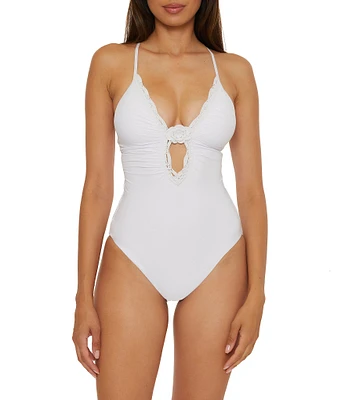 Becca By Rebecca Virtue Colette Clare Scallop Crochet Open Back One Piece Swimsuit