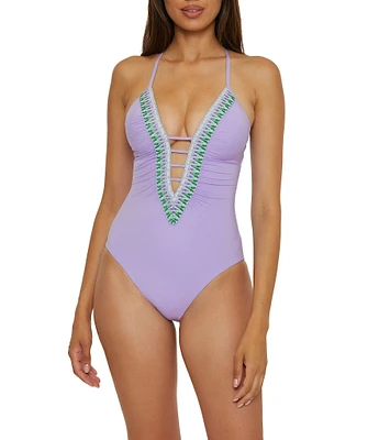 Becca By Rebecca Virtue Fiesta Clare Basket Weave Plunge Neck One Piece Swimsuit