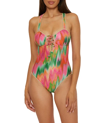 Becca By Rebecca Virtue Mirage Metallic Sweetheart Neck Lace-Up Bandeau One Piece Swimsuit
