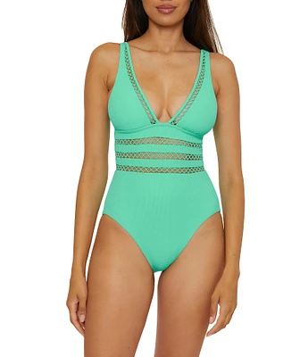 Becca By Rebecca Virtue Modern Edge Toni Fine Ribbed Texture Plunge Neck One Piece Swimsuit