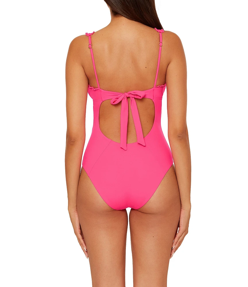 Becca By Rebecca Virtue Solid Frills Scallop Lace Plunge One Piece Swimsuit