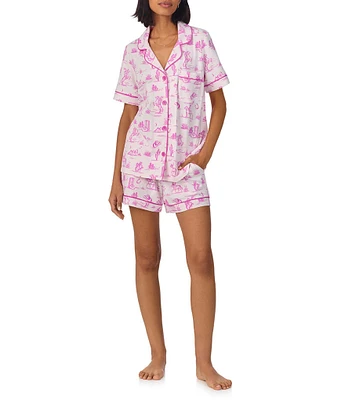 BedHead Cowgirl Toile Print Organic Cotton Blend Short Sleeve Notch Collar Knit Shorty Pajama Set