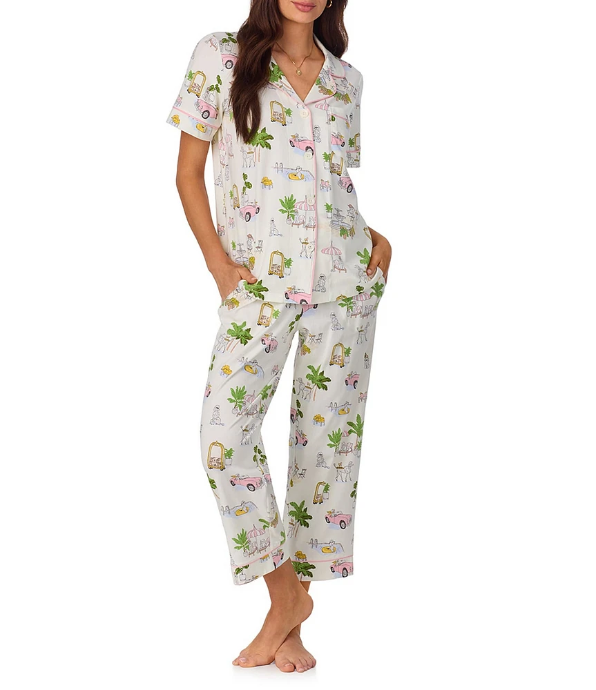 BedHead Poolside Poodles Organic Cotton Blend Short Sleeve Notch Collar Knit Cropped Pajama Set