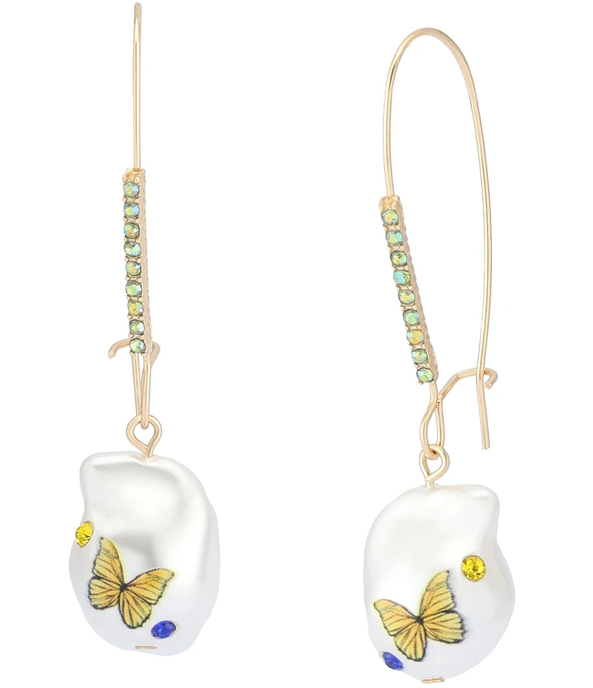 Betsey Johnson Backyard Butterfly Pearl Dangle Drop Earrings