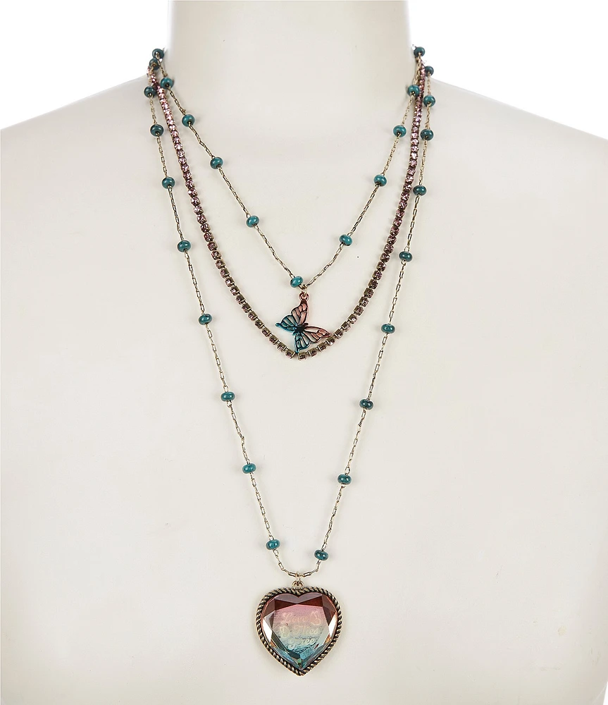 Betsey Johnson Boho Butterfly & Heart Long Multi-Strand Necklace