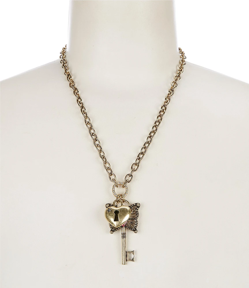 Betsey Johnson Boho Butterfly Key Charm Short Pendant Chain Necklace