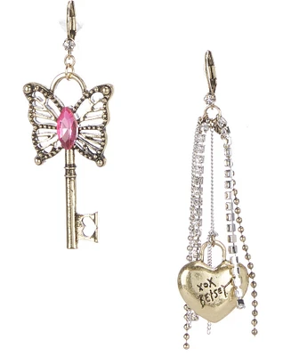 Betsey Johnson Boho Butterfly Lock & Key Crystal Mismatched Novelty Drop Earrings