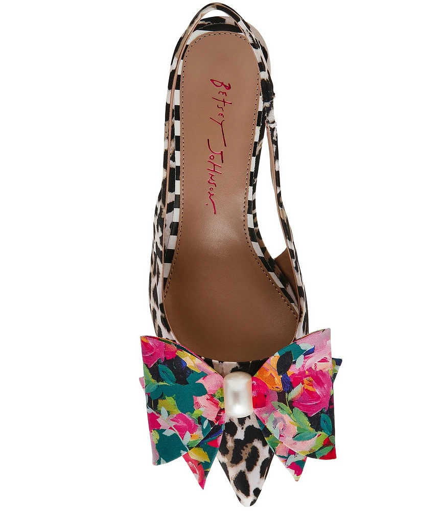 Betsey Johnson Claira Leopard Pearl Oversized Bow Slingback Pumps