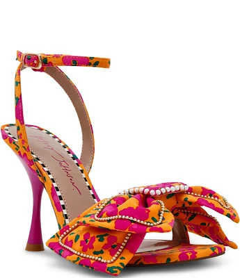 Betsey Johnson Denly Ditsy Floral Oversized Bow Pearl Trim Dress Sandals