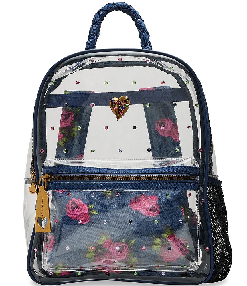 Betsey Johnson Large Denim Floral Clear Contrast Trim Backpack