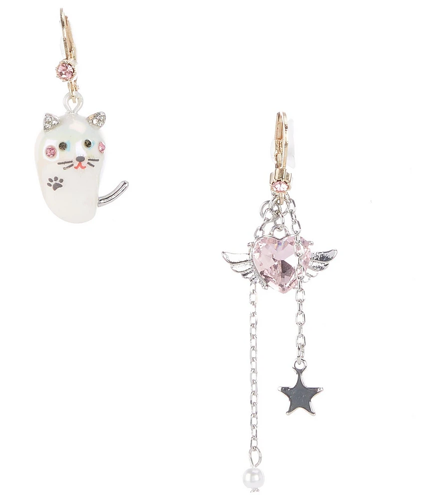Betsey Johnson Pearl Critters Cat & Winged Heart Mismatch Novelty Earrings