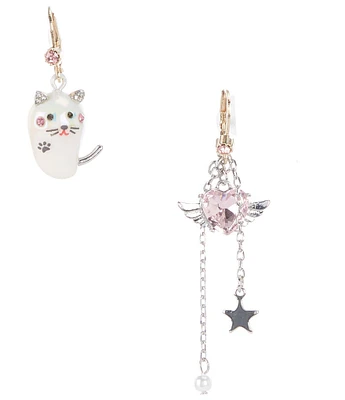 Betsey Johnson Pearl Critters Cat & Winged Heart Mismatch Novelty Earrings