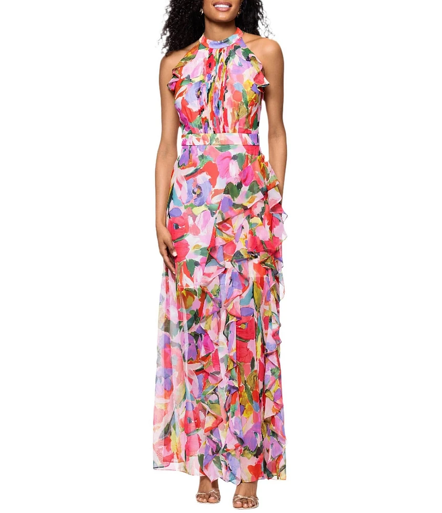 Betsy & Adam Chiffon Floral Print Halter Neck Sleeveless Pleated Ruffle A-Line Gown