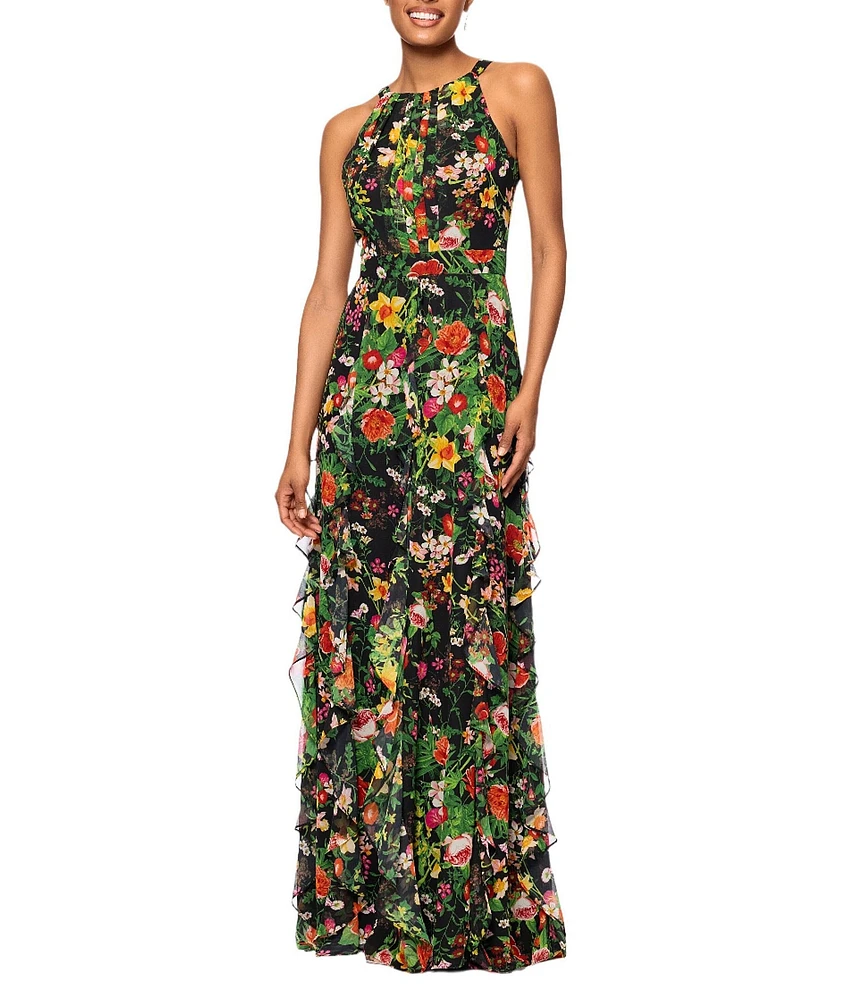 Betsy & Adam Chiffon Floral Print Halter Neck Sleeveless Ruffle A-Line Maxi Dress