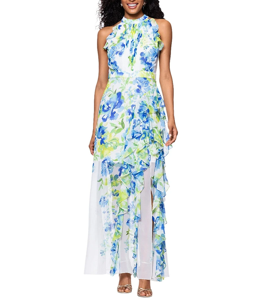 Betsy & Adam Chiffon Floral Print Halter Neck Sleeveless Ruffle Fit and Flare Maxi Dress