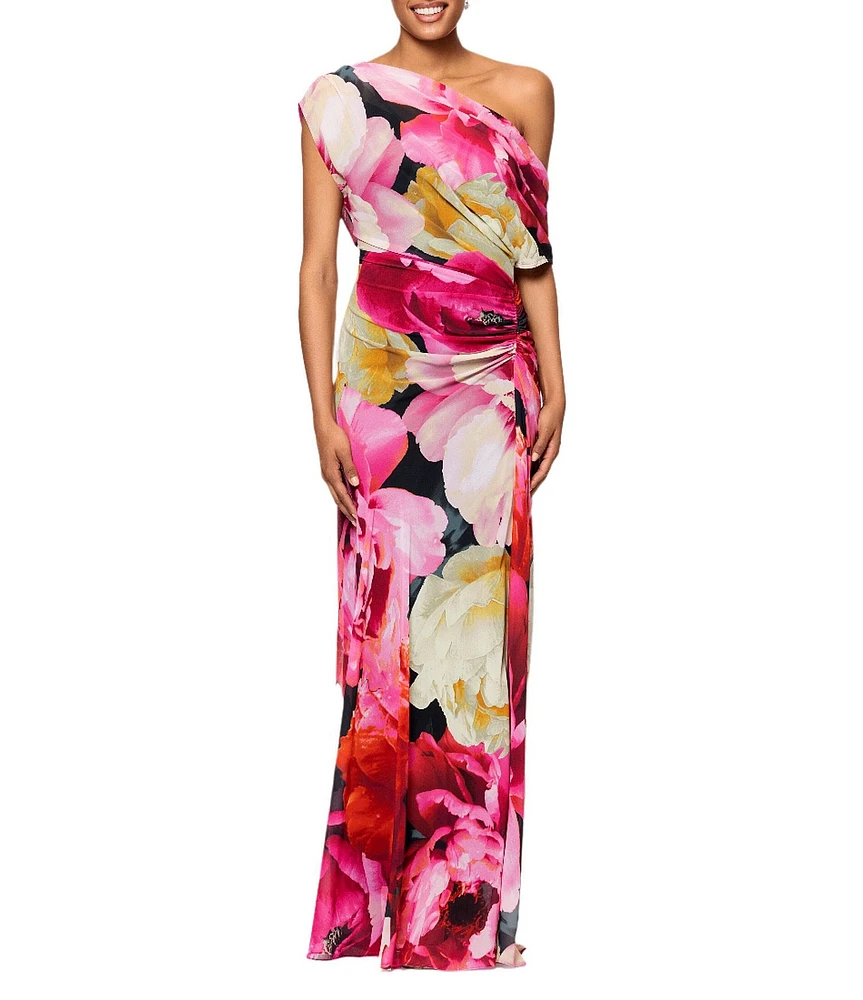 Betsy & Adam Chiffon Floral Print One Shoulder Neck One Short Sleeve Ruched Gown
