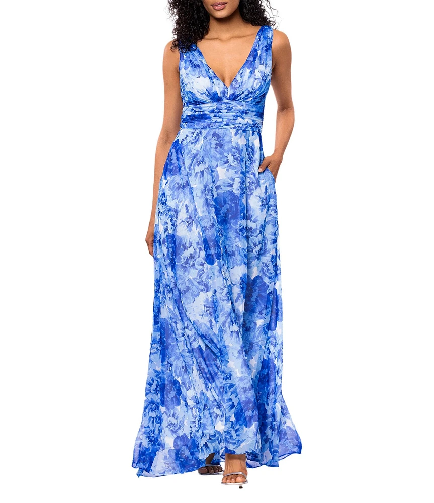 Betsy & Adam Chiffon Floral Print V-Neck Sleeveless A-Line Gown