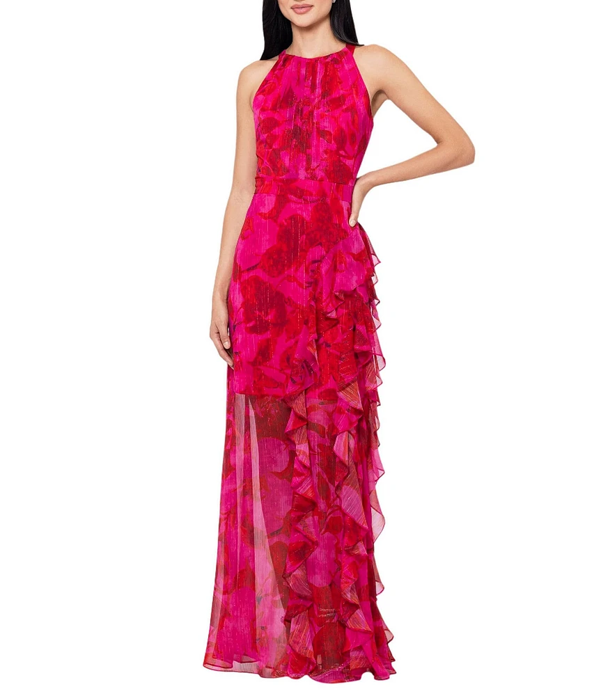 Betsy & Adam Floral Print Halter Neck Sleeveless Cascading Ruffle Tie Back Dress