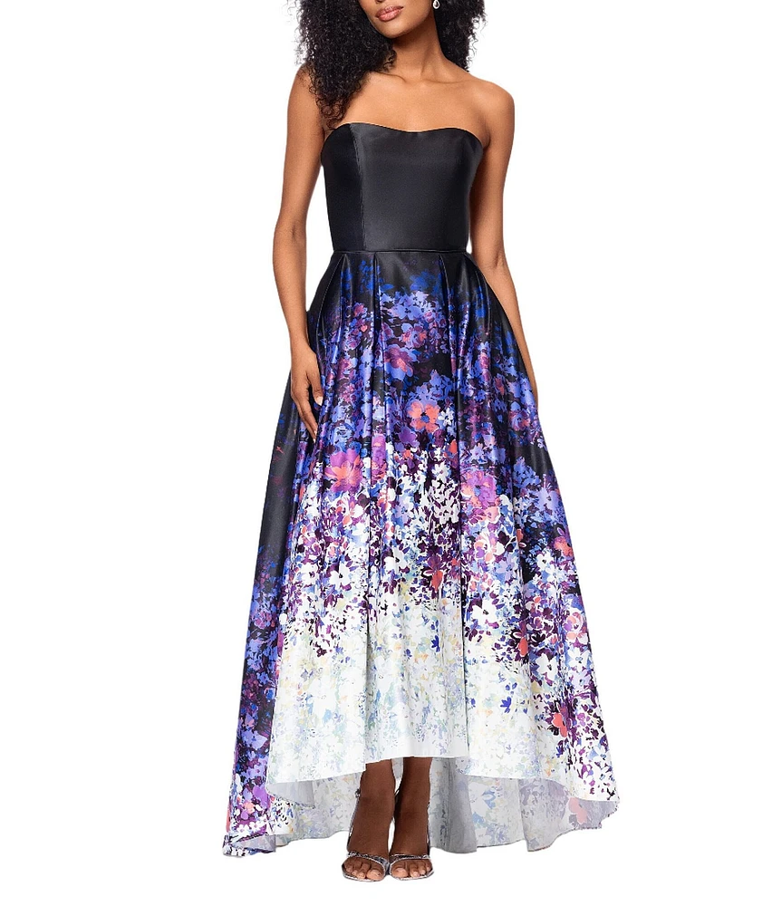 Betsy & Adam Floral Strapless Neck Sleeveless A-Line Gown