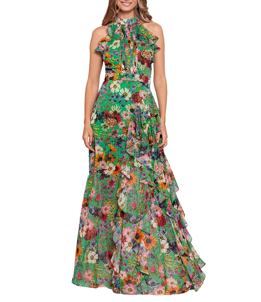 Betsy & Adam Halter Neck Sleeveless Ruffle Front Floral Chiffon Maxi Dress