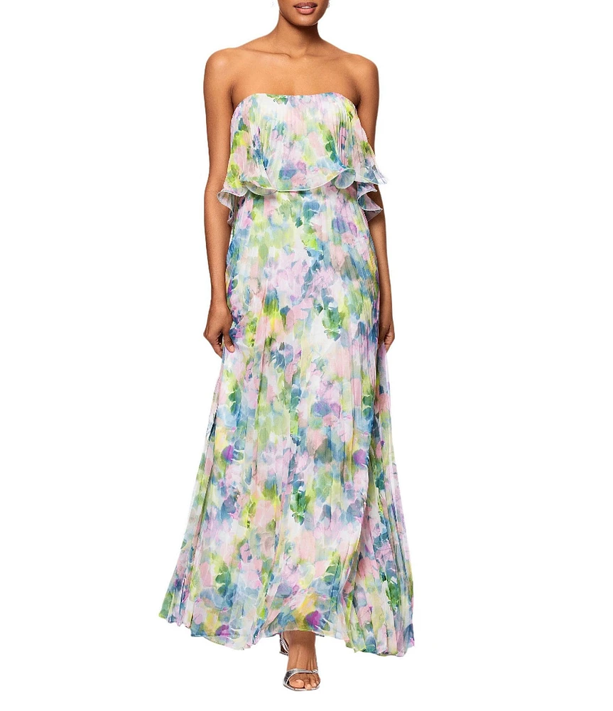 Betsy & Adam Pleated Chiffon Floral Print Strapless Neck Sleeveless Ruffle Gown