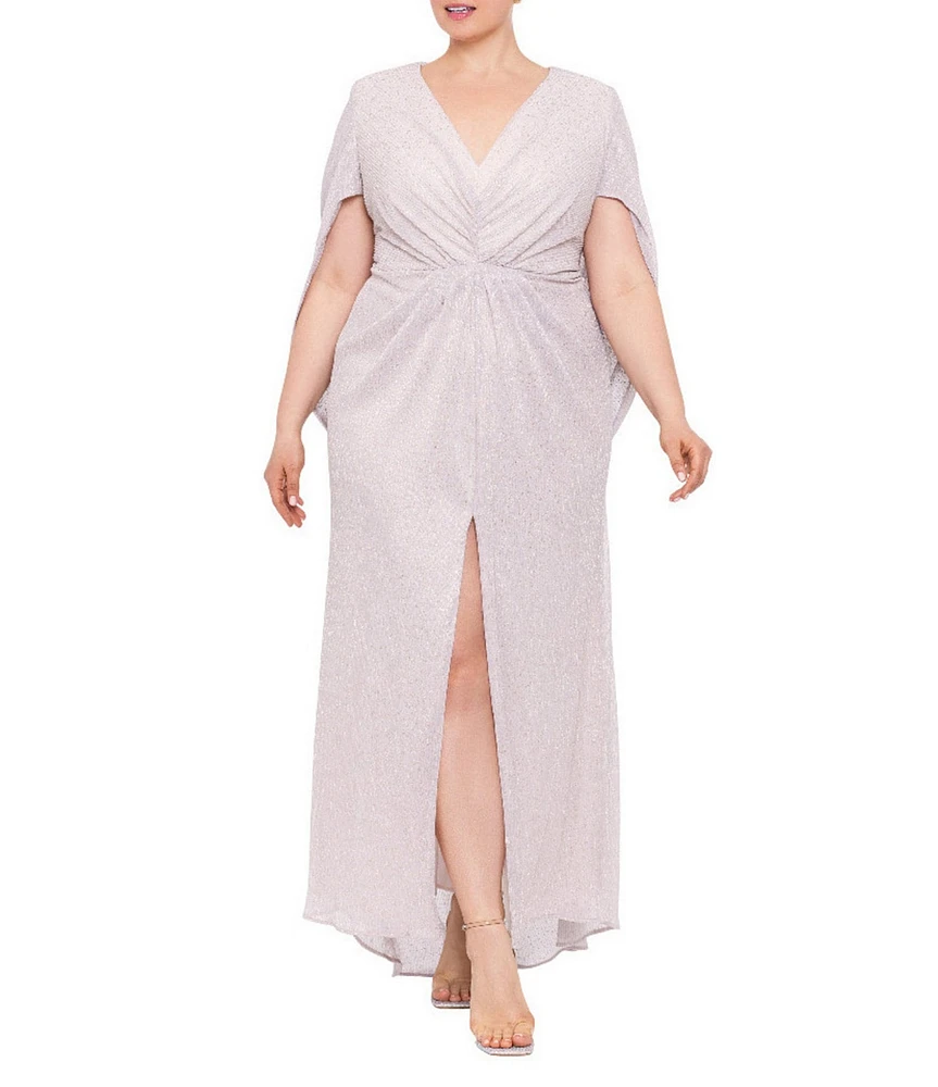 Betsy & Adam Plus Size 3/4 Cape Sleeve Deep V-Neck Drape Back Long Dress