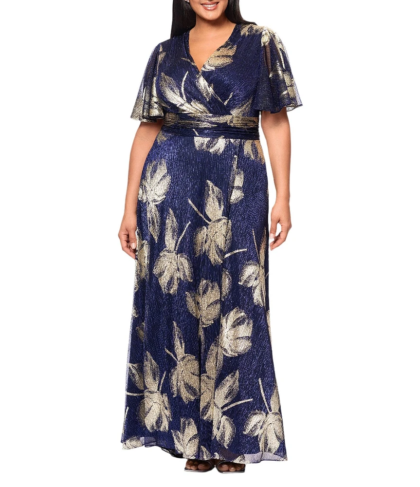 Betsy & Adam Plus Size Printed Metallic Crinkle V-Neck Short Flutter Sleeve Gown