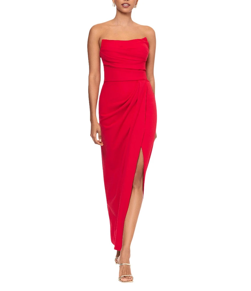 Betsy & Adam Scuba Crepe Strapless Neck Sleeveless Ruched Sheath Gown