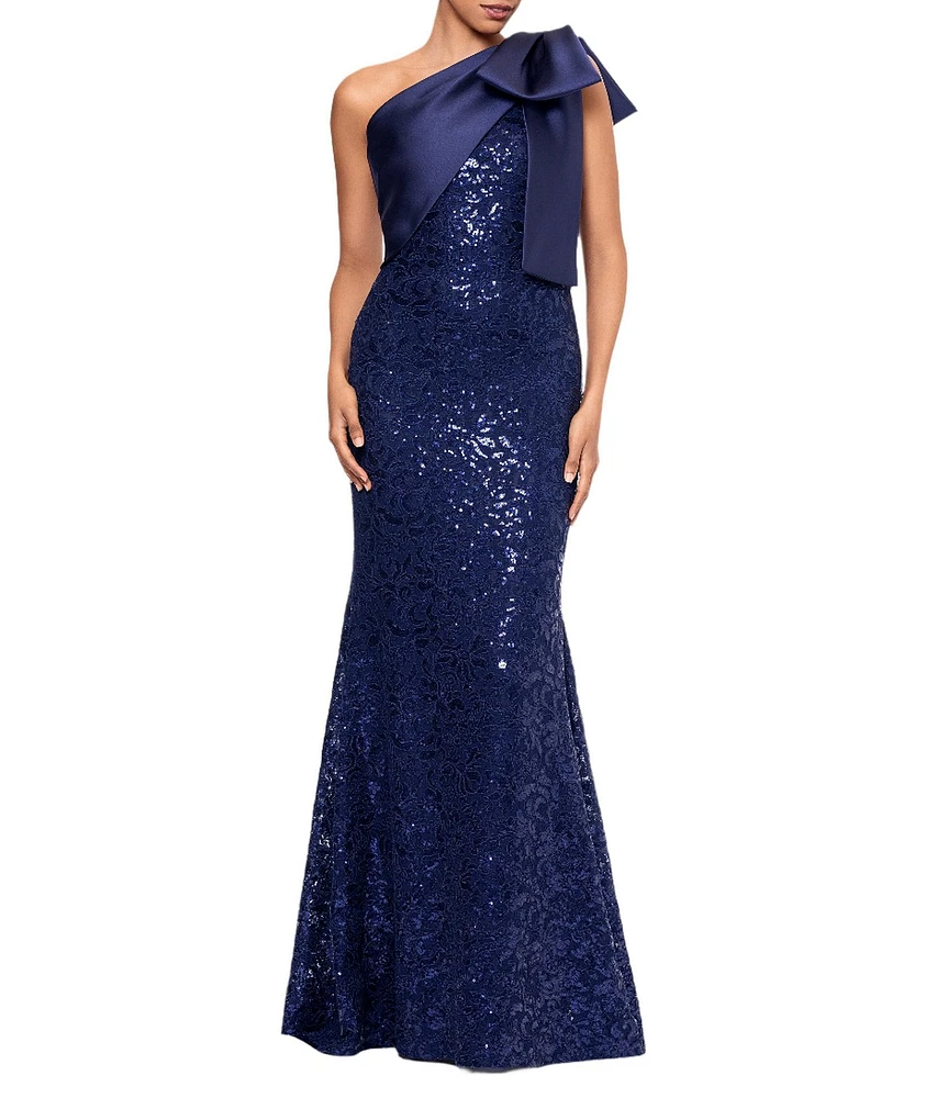 Betsy & Adam Sequin Lace One Shoulder Neck Sleeveless Bow Detail Sheath Gown