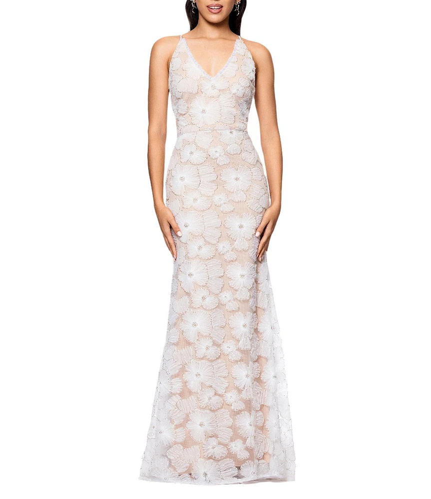 Betsy & Adam Soutache Embroidered Beaded Floral Print V Neck Sleeveless Mermaid Gown