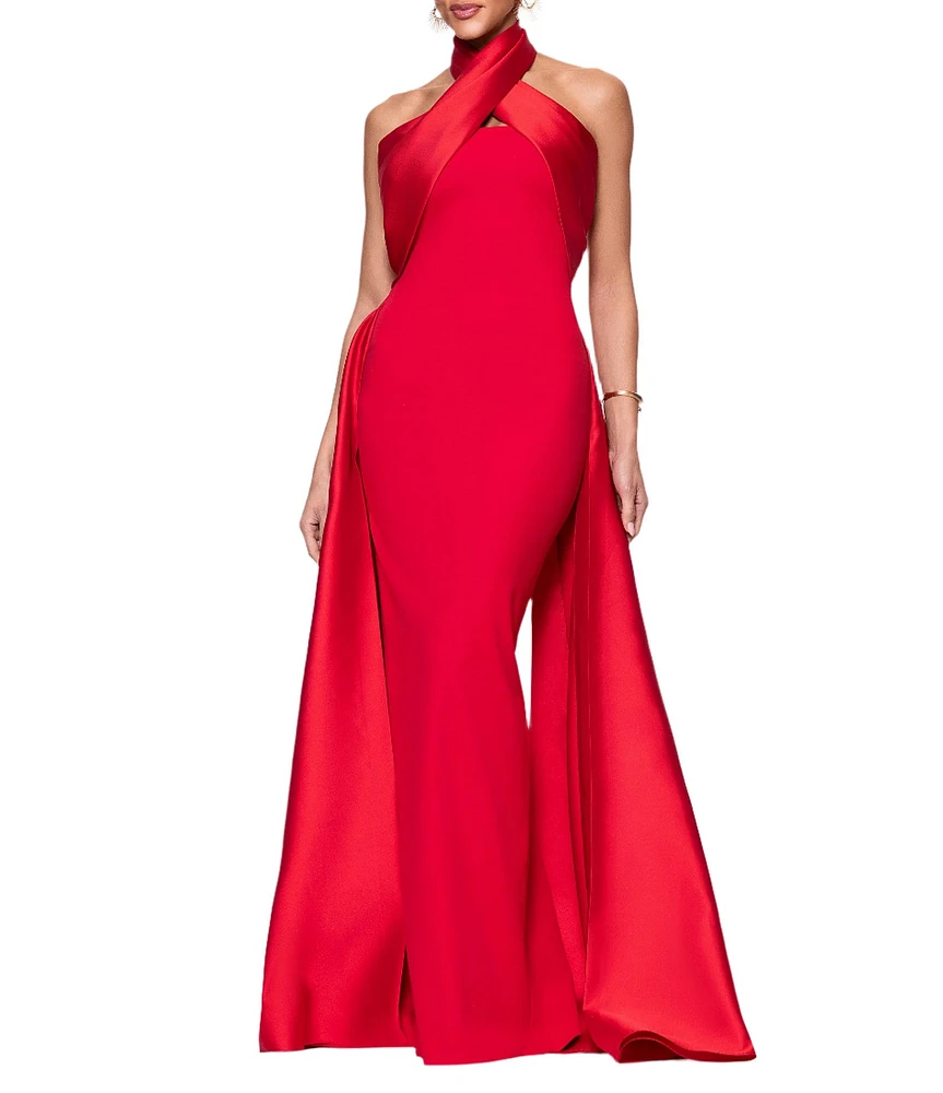 Betsy & Adam Twist Front Halter Sleevess Mixed Media Column Gown With Overlay