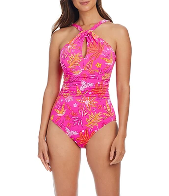 Bleu Rod Beattie Desert Bloom High Neck Front Keyhole Shirred One Piece Swimsuit