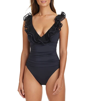 Bleu Rod Beattie Frill Seeker Solid Plunge V-Neck Ruffle Detail One Piece Swimsuit