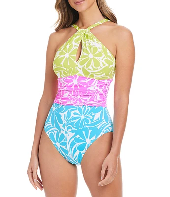 Bleu Rod Beattie Sock It To Me Halter Neck Front Keyhole Shirred One Piece Swimsuit