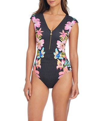 Bleu Rod Beattie Sweet Escape Floral V-Neck Cap Sleeves One Piece Swimsuit