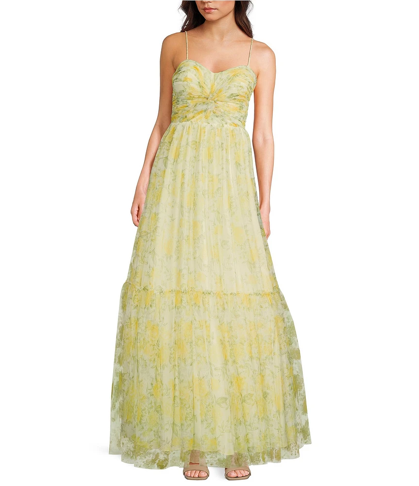 Blondie Nites Floral Print Mesh Sweetheart Neck Twist Front Spaghetti Strap Tie Back A-Line Gown