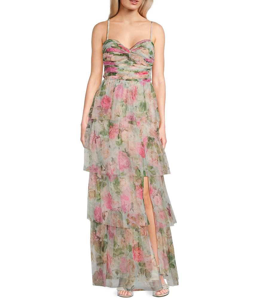 Blondie Nites Floral Print Sweetheart Neck Spaghetti Strap Ruffle Tiered Tie Back Dress